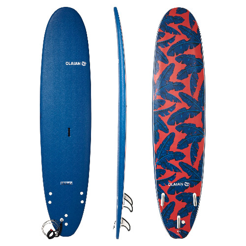 Prancha de Surf em Espuma 500 8'6'' com um leash e 3 quilhas.